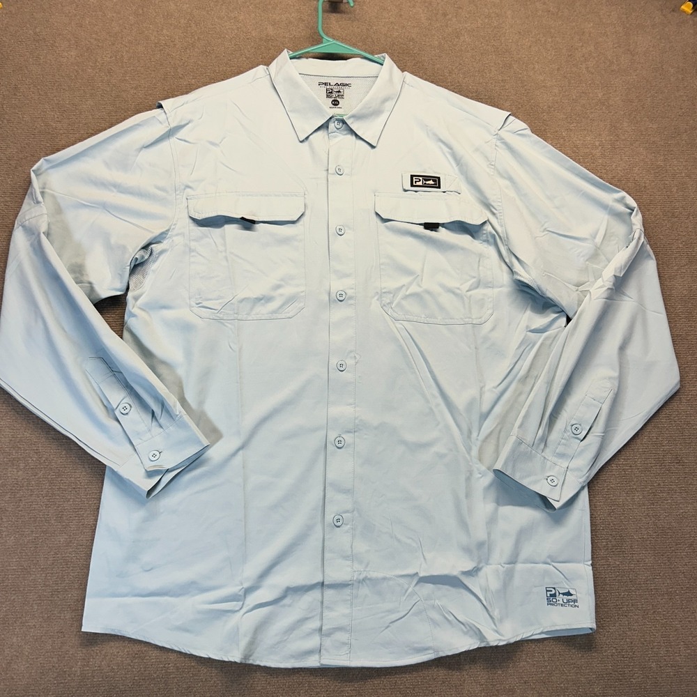 Pelagic Fishing Sun Shirt Men's 2XL Long Sleeve Button Light Blue Vented UPF 50+